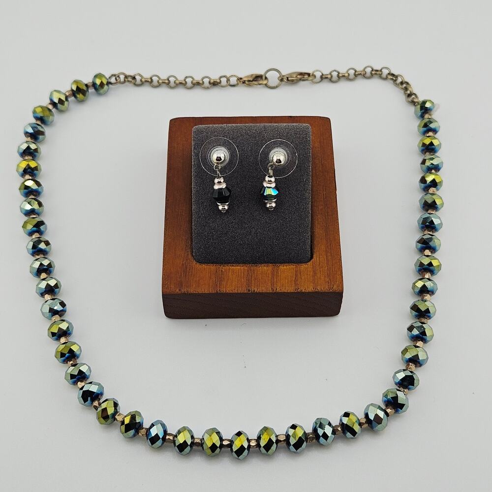 Faceted Bead Necklace & Earrings Set Blue Green Silver Iridescent Sparkle